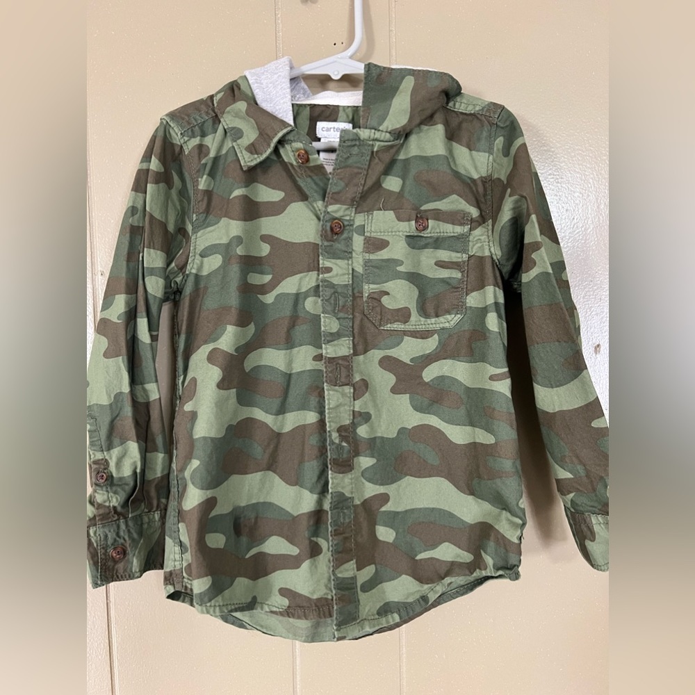 Boys camo button down with hoodie